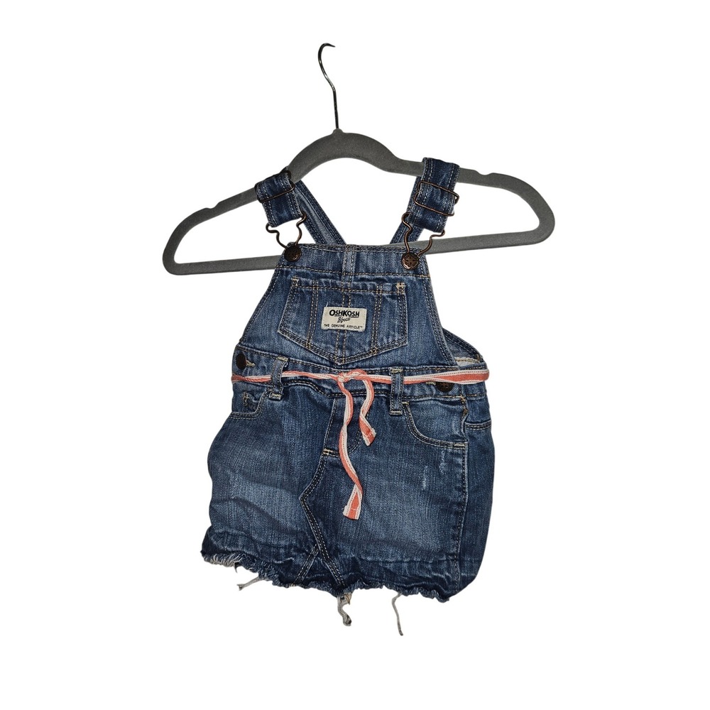 OshKosh B'gosh Baby Girls Blue Denim Overall Jumper Dress 9M Frayed Hem B